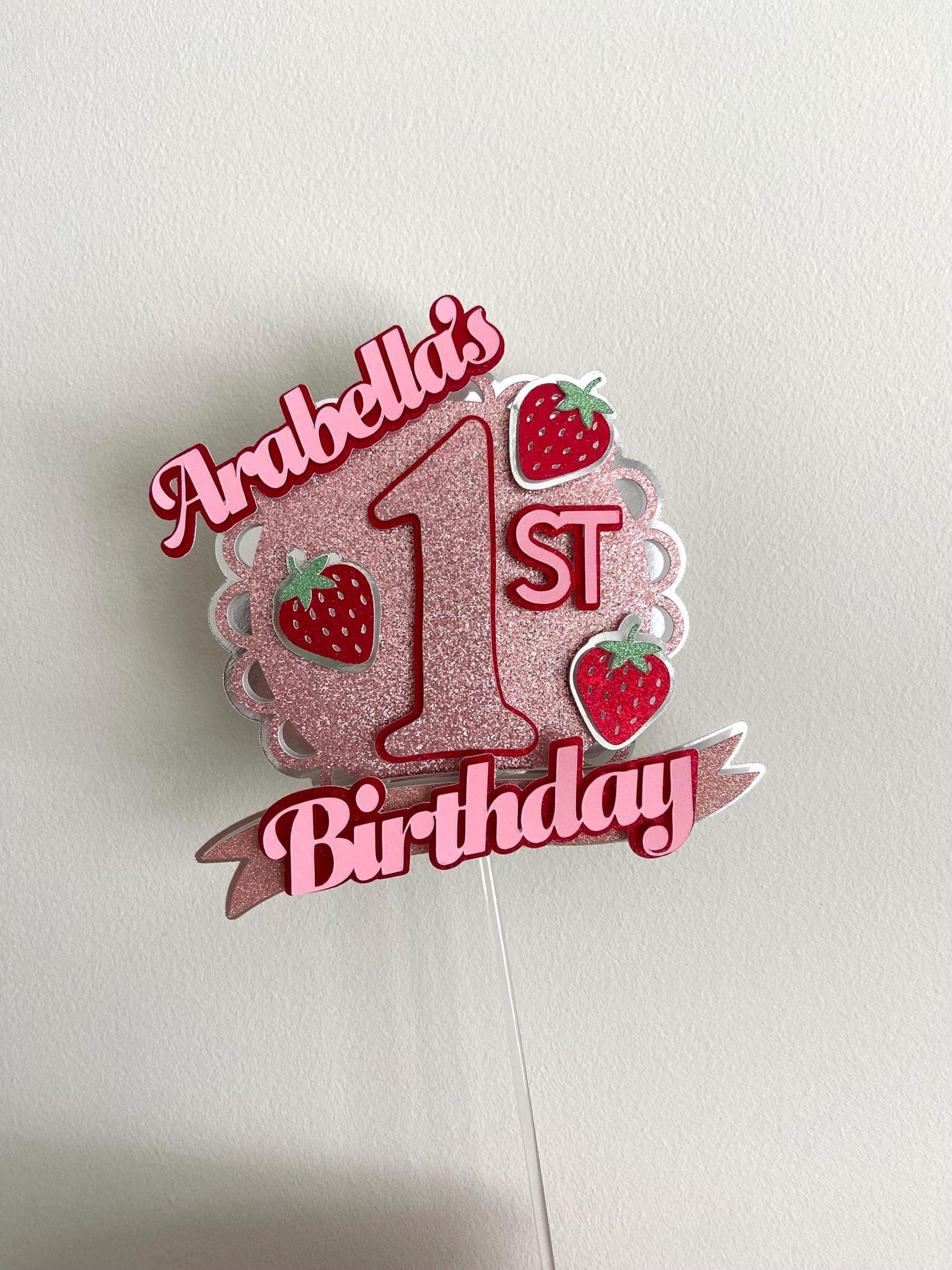 Personalised with custom name and age. A sweet strawberry design for berry-themed parties.